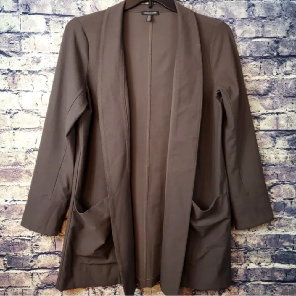 Eileen Fisher Cedar Brown Pocketed Open Drape Front Cardigan Jacket Size M